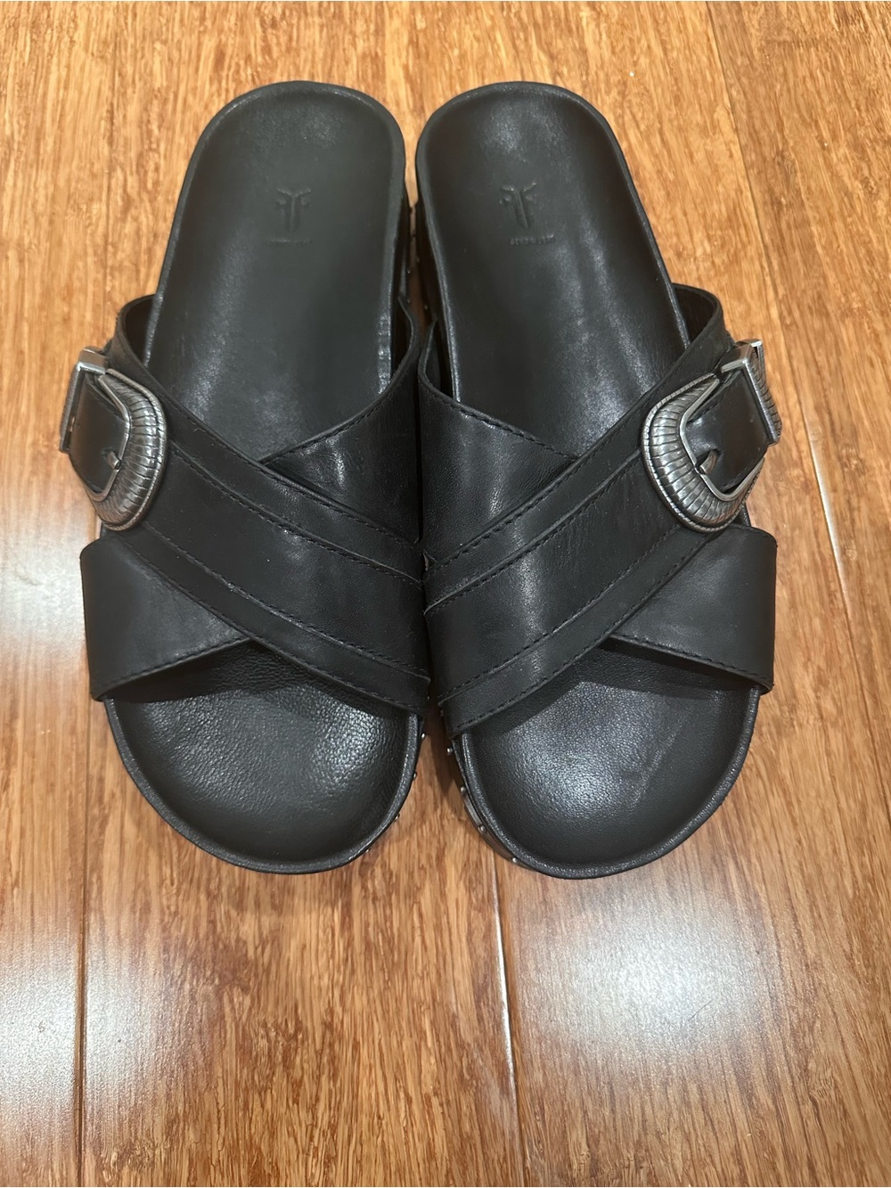 Frye Black Cross-Strap Slide Sandals - Picture 2 of 4